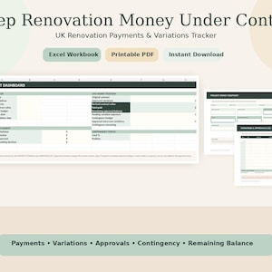 Op de afbeelding: Een digitale renovatiebudgettracker met een projectdashboard, financieel overzicht en variatielogboek. De tekst luidt Keep Renovation Money Under Control, UK Renovation Payments & Variations Tracker, Excel Workbook, Printable PDF, Instant Download.