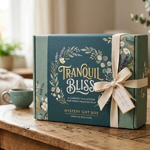 May include: A rectangular dark green gift box with a cream-coloured ribbon tied in a bow. The box features floral illustrations and the text "TRANQUIL BLISS A CURATED COLLECTION FOR INNER PEACE & CALM MYSTERY GIFT BOX OPEN TO DISCOVER" with a tag reading "ESPECIALLY FOR YOU".