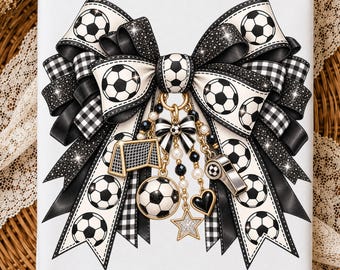 May include: A large decorative bow featuring a black and white soccer ball pattern, black glitter accents, and a black and white gingham print. Hanging from the center are gold-toned charms including a soccer goal, a whistle, a heart, and a star.