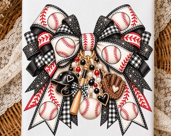 May include: A decorative bow featuring a baseball theme with white ribbons printed with red-stitched baseballs and black-and-white checkered patterns. Hanging from the center are gold-toned charms including a helmet, bat, glove, and heart.