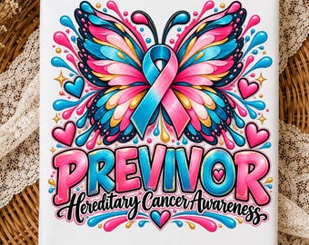 May include: A white rectangular surface featuring a colorful butterfly with blue and pink wings, centered with a blue and pink awareness ribbon. Below, the text reads PREVIVOR in large letters and Hereditary Cancer Awareness in script.