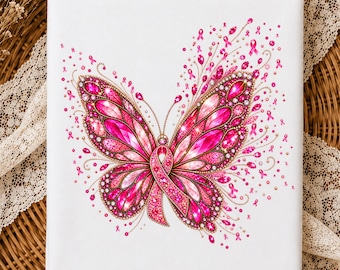 May include: A white rectangular print featuring a central butterfly illustration composed of vibrant pink faceted gemstones and crystals. The butterfly body is formed by a pink awareness ribbon, surrounded by scattered small pink ribbon icons.