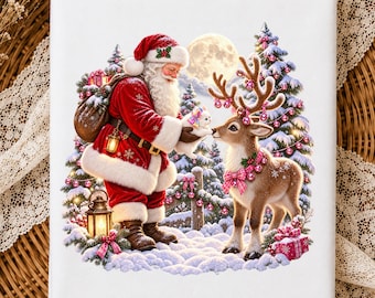 May include: A white canvas print featuring a festive illustration of Santa Claus in a red suit holding a small white kitten, standing next to a brown reindeer with pink ornaments on its antlers, surrounded by snow-covered pine trees and a full moon.