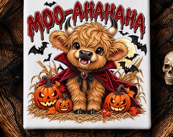 May include: A square white sign featuring a fluffy brown highland calf dressed as a vampire in a red cape with a black collar. The text MOO-AHAHAHA appears in red above the calf, surrounded by flying black bats, two jack-o'-lanterns, and a full moon.