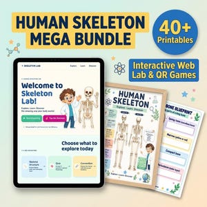 May include: A digital tablet displaying a Skeleton Lab interface with a cartoon scientist and skeleton, alongside two printed educational posters titled Human Skeleton and Bone Blueprint, featuring diagrams, text, and interactive QR code elements.