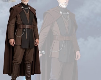 May include: A brown and black cosplay costume featuring a long brown hooded cloak, a brown tunic with black tabards, a wide brown belt with a silver chain attachment, brown trousers, and dark brown knee-high boots, worn by a person with white hair.