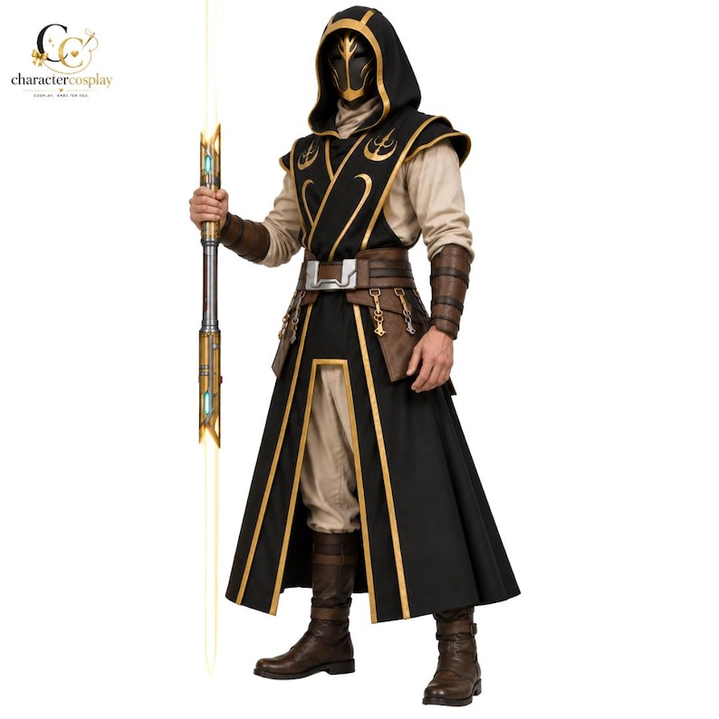 Jedi Temple Guard cosplay side view showing gold trimmed robe, hood, waist belt and arm bracers
