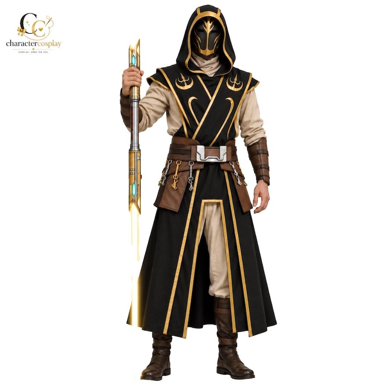 Jedi Temple Guard costume featuring long black robe with gold trim and hood