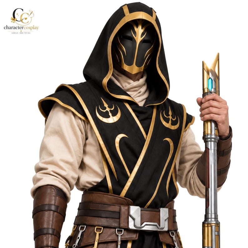 Star Wars inspired Temple Guard costume with black hooded outer robe, beige tunic and pants