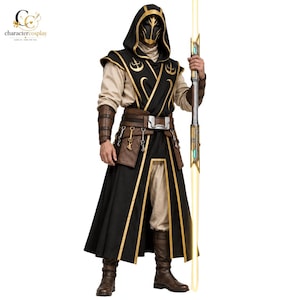 Black and gold Jedi Temple Guard Halloween costume with layered robe and leather style accessories