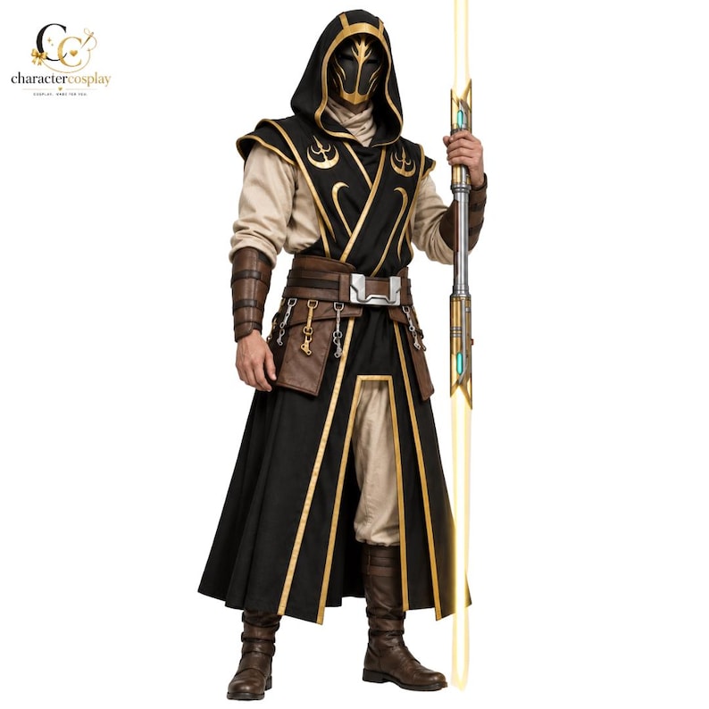 Black and gold Jedi Temple Guard Halloween costume with layered robe and leather style accessories