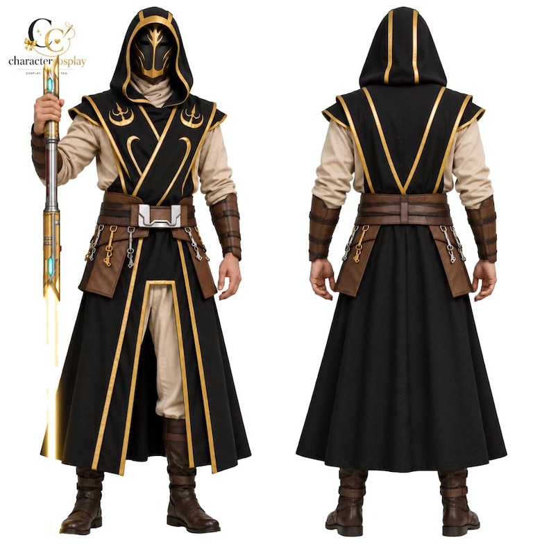 Jedi Temple Guard cosplay costume front view with black gold hooded robe, belt and arm guards
