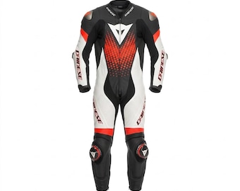 Traje de motociclista de una pieza, ropa de competición para pista, color negro, rojo y blanco.