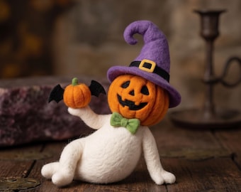 Nålfiltad Halloweenpumpa-spökefigur Söt, läskig häxdocka Höstdekoration i flera nivåer