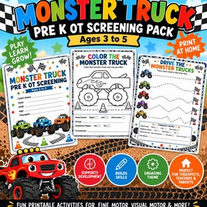 Op de afbeelding: Een Monster Truck Pre-K OT screeningpakket met printbare activiteitenbladen, monster truck afbeeldingen, kleurplaten en traceerpaden. De set bevat tekstvelden voor kindinformatie, notities van de therapeut en oefeningen voor vaardigheden.