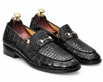 Handmade Men's Black Crocodile Leather Loafers | Slip On Shoes | Luxury Horsebit Dress Shoes