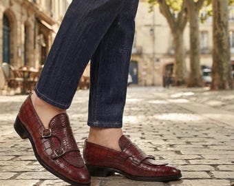 Handmade Burgundy Crocodile Leather Shoes | Men's Luxury Monk Strap Shoes | Classic Dress Shoes