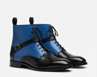 Botas de cano curto masculinas feitas à mão em couro azul e preto | Botas sociais com cadarço | Botas com fivela