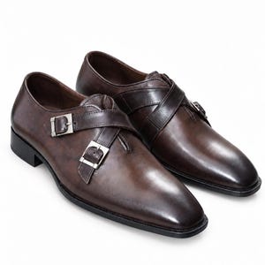 Zapatos de vestir formales de cuero marrón para hombre con doble hebilla / Zapatos de vestir hechos a mano