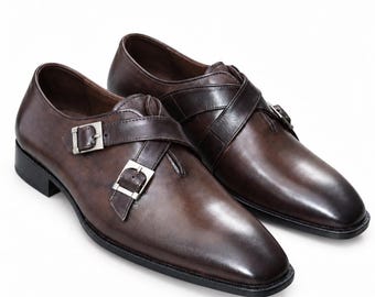 Chaussures à double boucle en cuir marron pour homme | Chaussures habillées faites main