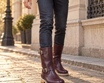 Men's Burgundy Leather Motorcycle Boots | Double Buckle Harness Boots | Handmade Vintage Boots