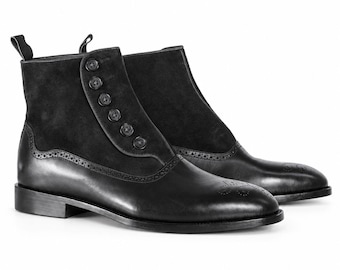 Botas masculinas pretas de couro feitas à mão com botões | Sapatos sociais brogue de luxo