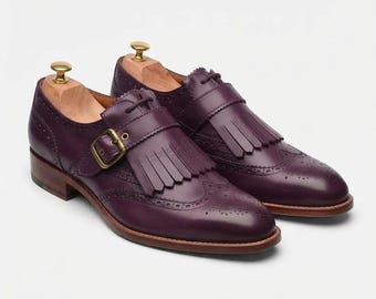 Chaussures à boucle en cuir violet pour homme | Mocassins habillés à franges et pampilles, style brogue, faits main