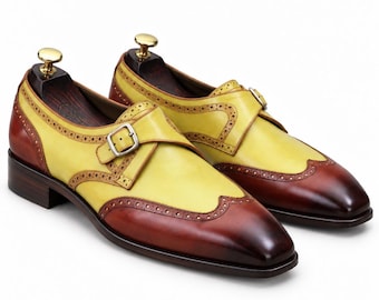 Zweifarbige Herren-Monk-Strap-Schuhe in Gelb und Burgunderrot | Elegante Lederschuhe mit Flügelkappe | Brogue-Schuhe