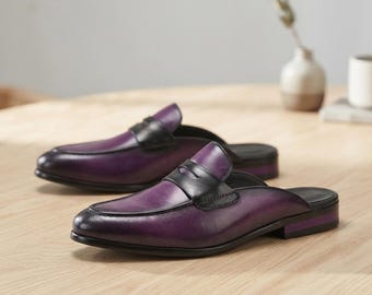 Handmade Men's Purple Leather Mule Loafers | Luxury Slip On Dress Shoes