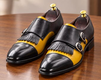 Black Yellow Double Monk Strap Shoes | Handmade Leather Dress Shoes |Tassel Loafers | Formal Wedding Shoes