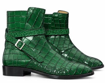 Bota masculina artesanal em couro de crocodilo verde | Botas de cano curto estilo jodhpur | Botas sociais de luxo com fivela