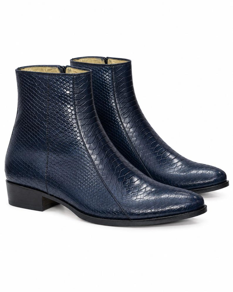 Handmade navy blue python textured genuine leather ankle boots for men