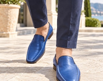 Handgefertigte blaue Herren-Loafer aus Leder | Luxuriöse Slipper für elegante Anlässe | Festliche Hochzeitsschuhe