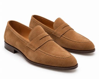 Men's Tan Suede Loafers | Handmade Penny Loafer Leather Dress Shoes Classic Slip On