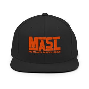 May include: A black baseball cap featuring the orange embroidered text MASL and the words MID ATLANTIC SCRATCH LEAGUE underneath. The cap has a structured crown, a flat brim, and a button on the top center of the six-panel construction.