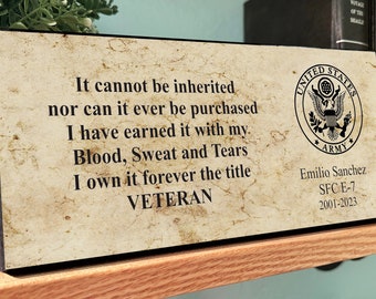 Veteran Plaque- It Cannot Be Inherited-I Have Earned It With My Blood Sweat Tears-I Own It Forever The Title Veteran-Desktop Plaque