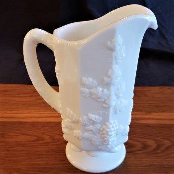 Westmoreland Milk Glass Pitcher-Grapevine Raised Panel Design-Round Pedestal Base-Closed Handle