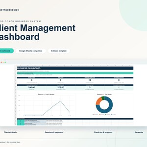 Può includere: Un modello digitale di dashboard per la gestione dei clienti per fitness coach. L'interfaccia mostra metriche aziendali, inclusi clienti attivi, nuovi lead, sessioni completate, entrate e un grafico ad anello per le sessioni del mese.