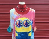 Upcycled cold shoulder tie dye minion shirt, size large, ladies tie dye shirt, hippie minion shirt, peace sign shirt, hippie shirt, tie dye