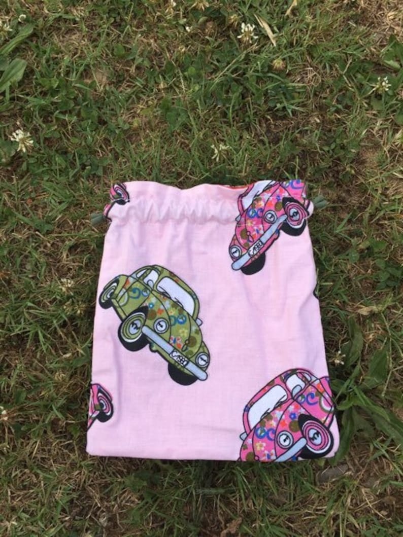 vw bag handmade vw gift vw girl party favor bag vw bug hippie drawstring pouch custom orders available Pink vw bug drawstring bag