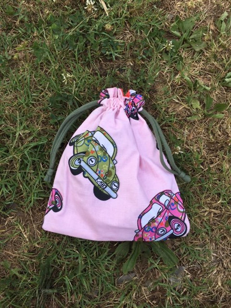 vw bag handmade vw gift vw girl party favor bag vw bug hippie drawstring pouch custom orders available Pink vw bug drawstring bag
