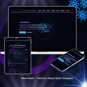 May include: A laptop, tablet, and smartphone displaying a dark-themed website interface titled Neon SaaS – Premium React SaaS Template. The screens feature blue and purple gradients, navigation menus, and buttons labeled View Template and View Features.