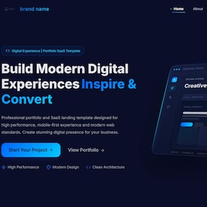 May include: A dark-themed website landing page template featuring the text Build Modern Digital Experiences Inspire & Convert. The layout includes a navigation bar, a prominent blue call-to-action button, and a graphical interface display.