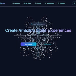 Könnte beinhalten: Eine dunkelblaue Website-Startseite mit dem Text 'Create Amazing Digital Experiences' in der Mitte. Über dem Text befindet sich ein kleines Abzeichen mit der Aufschrift 'New Platform Launch'. Darunter befinden sich zwei Schaltflächen 'Get Started' und 'Learn More'.