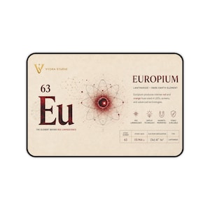 Könnte beinhalten: Eine rechteckige Schreibtischunterlage mit einem wissenschaftlichen Aufdruck des Elements Europium. Das Design umfasst die Ordnungszahl 63, das Symbol Eu, eine zentrale Atomgrafik und Text zu Eigenschaften, Verwendung und der Atommasse von 151,964 u.