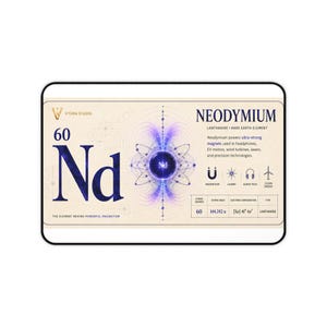 Op de afbeelding: Een rechthoekige bureaumat met een wetenschappelijk periodiek systeemontwerp voor Neodymium. De crèmekleurige achtergrond toont het elementsymbool Nd, atoomnummer 60, een centrale atoomafbeelding en tekst over de technologische toepassingen.