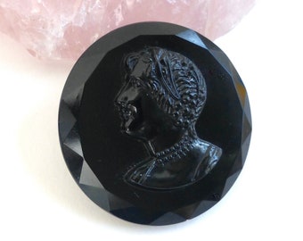 Vintage 1920's Czechoslovakian Black Glass Cameo Faceted Pin