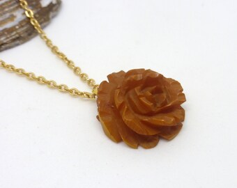 Vintage Necklace Hand Carved Flower Bakelite Rose Pendant on Gold-tone Chain