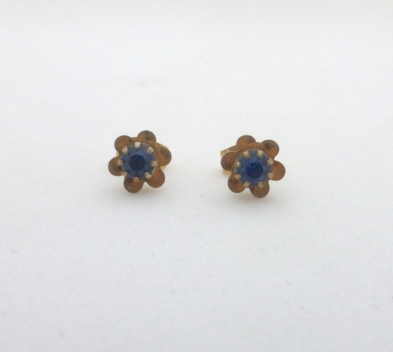 Vintage Gold and Blue Crystal Daisy Flower Post E… - image 2