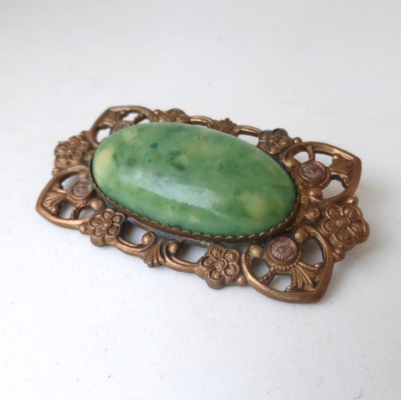 Vintage 1930's Oval Green Celluloid Floral Pierce… - image 2